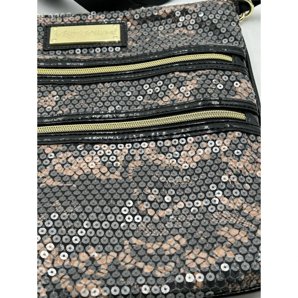 Betsey Johnson‎ Camo Sequin Crossbody Bag Double Zipper Black & Brown NWOT